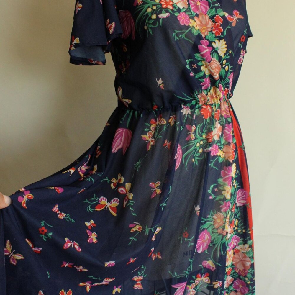 Vintage 1970s Dress, Blue Floral Boho Dress with Butterfly Sleeves, Romantic - Picture 5 of 10